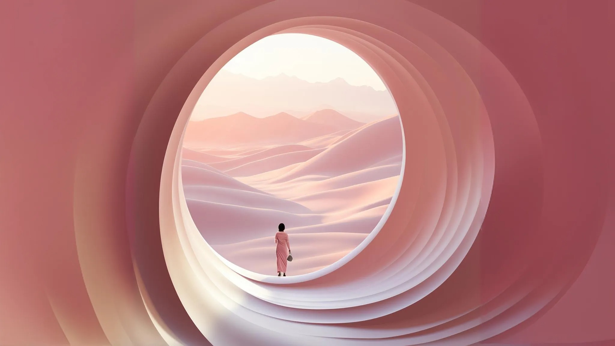 A_person_in_a_pink_dress_stands_in_the_distance,_gazing_out_at_a_serene_landscape_of_soft,_flowing_dunes_bathed_in_pastel_tones._The_scene_is_framed_by_a_large,_circular_archway_with_layers_of_curved_shapes,_creating_a_dreamlike_and_futuristic_atmosphere._The_combination_of_soft_colors_and_surreal_design_invokes_a_sense_of_wonder_and_tranquility.