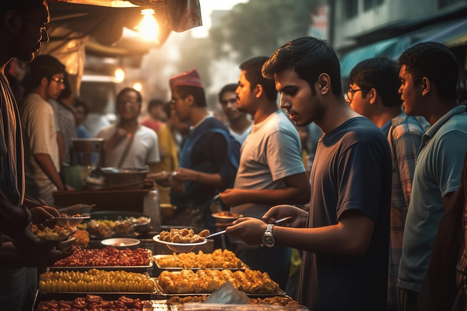 A_group_of_people_is_gathered_at_a_busy_street_food_stall_in_the_evening,_with_various_dishes_of_fried_snacks_and_local_cuisine_on_display._One_man_in_the_foreground_holds_a_plate,_intently_selecting_food_from_the_variety_offered._The_warm_lighting_from_the_stall_creates_a_vibrant_and_bustling_atmosphere_as_the_crowd_enjoys_the_street_food_experience_in_an_urban_setting.