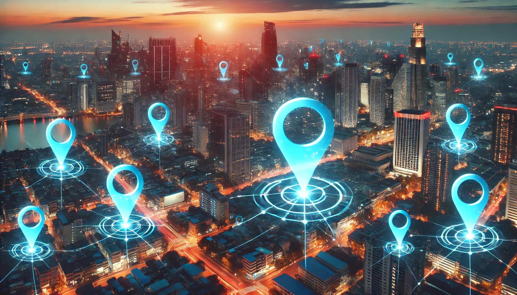 A_cityscape_at_dusk_with_glowing_blue_location_pins_marked_across_various_points_in_the_skyline._The_city_is_lit_up_with_streetlights_and_buildings,_and_the_location_markers_float_above_key_areas,_symbolizing_connectivity_and_geolocation_in_a_modern_urban_setting._The_sunset_in_the_background_casts_a_warm_glow_over_the_scene,_contrasting_with_the_futuristic_elements_of_the_location_pins.