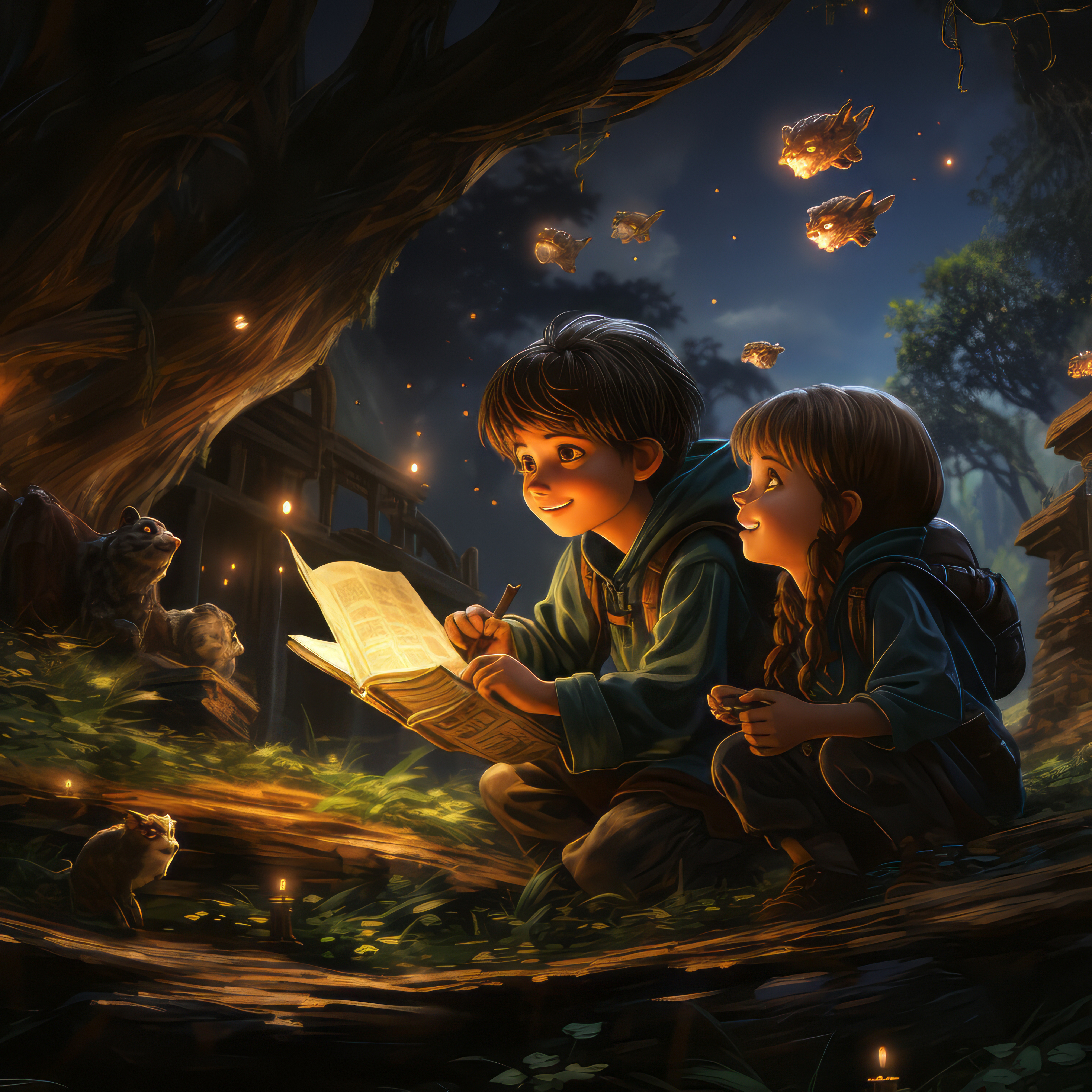 Two_children_in_a_fantastical_forest_setting_are_illuminated_by_the_glow_of_firefly-like_creatures_floating_around_them._One_child_is_eagerly_writing_in_a_book,_while_the_other_watches_with_awe_and_curiosity._Small_animals_observe_them_from_nearby,_adding_to_the_magical_atmosphere_of_the_scene,_which_celebrates_discovery,_learning,_and_exploration_in_a_wonder-filled_world.