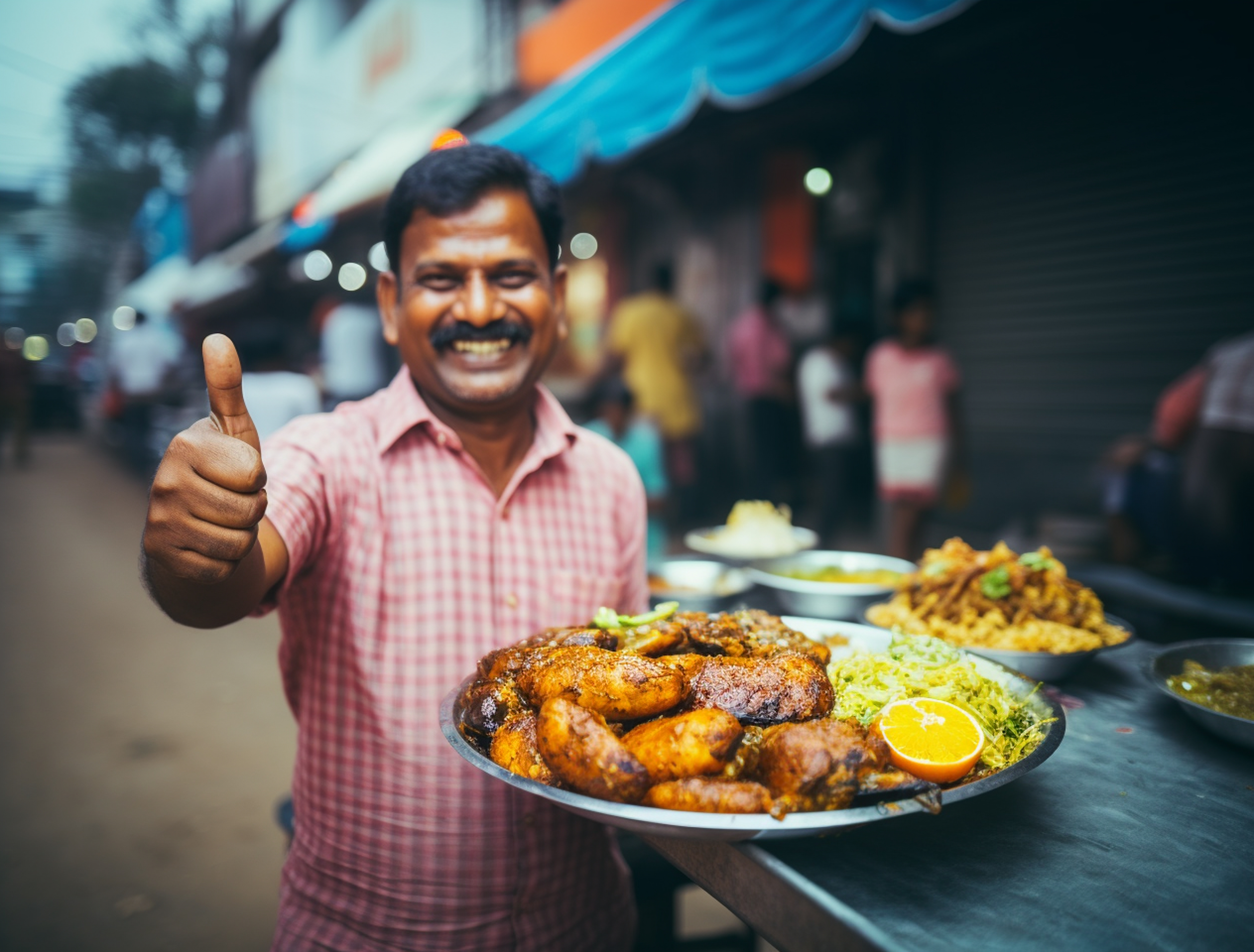 A_smiling_man_in_a_bazaar_holds_up_a_plate_of_spicy_grilled_chicken,_rice,_and_an_orange_slice,_giving_a_thumbs-up_sign._He_is_dressed_in_a_pink_checkered_shirt_and_the_background_shows_a_bustling_market_scene_with_blurred_shops_and_people._The_image_captures_a_joyful_moment_of_pride_in_his_food,_showcasing_vibrant_street_food_culture.